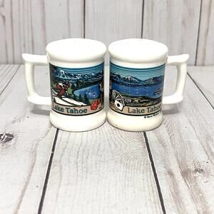 LAKE TAHOE SALT & PEPPER SHAKER SET DOWNHILL SNOW SLOPE MOUNTAIN GAMBLING 1986
